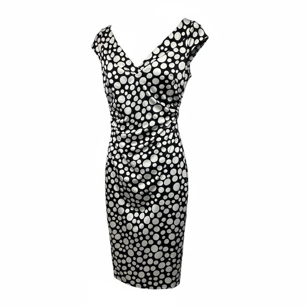 Maggy London Black and White Ruched Wrap MidiDress Size 6 cap sleeves polka dot - Picture 3 of 9